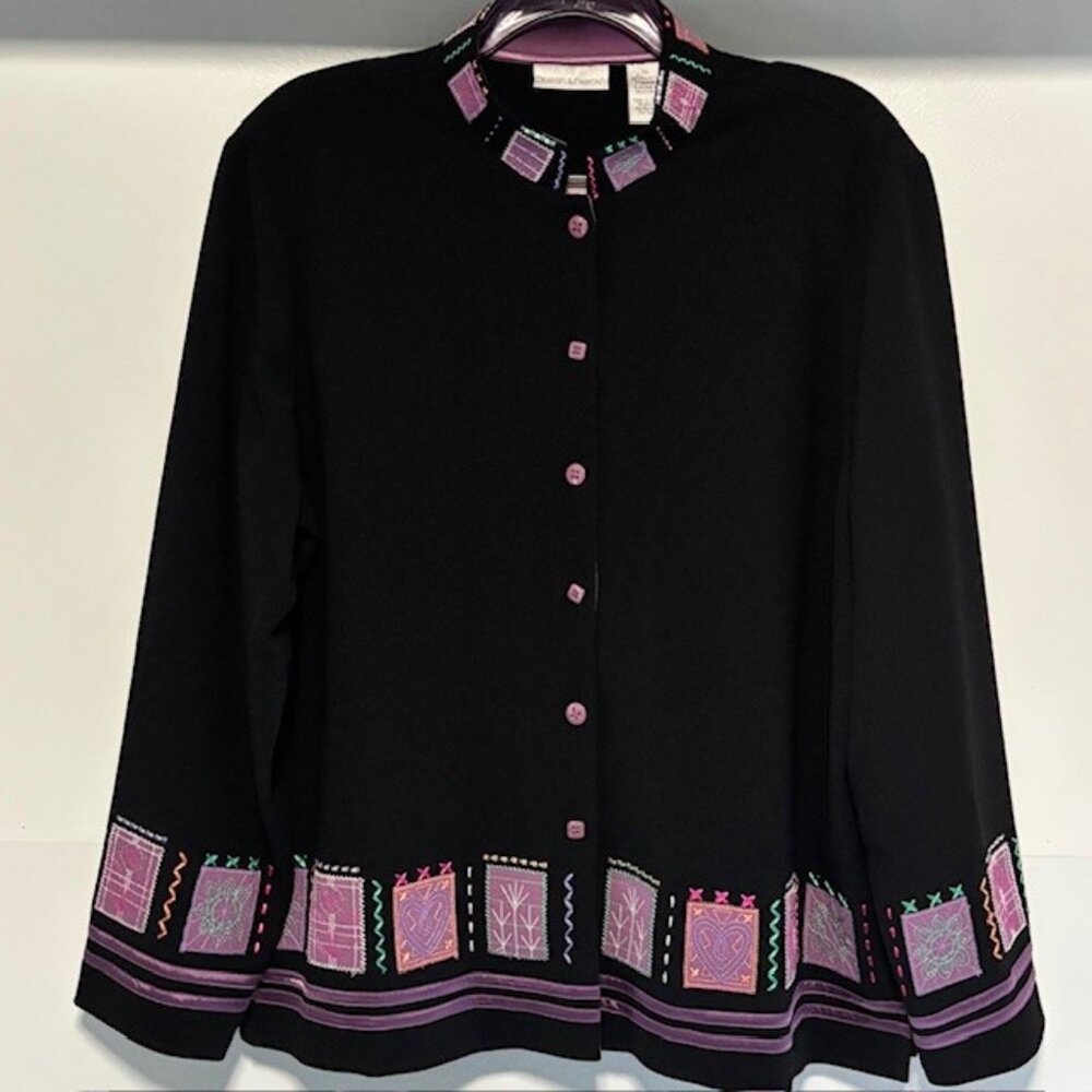 Drapers & Damons Black Purple Embroidered Jacket XL Boho Chic Artsy Global Chic